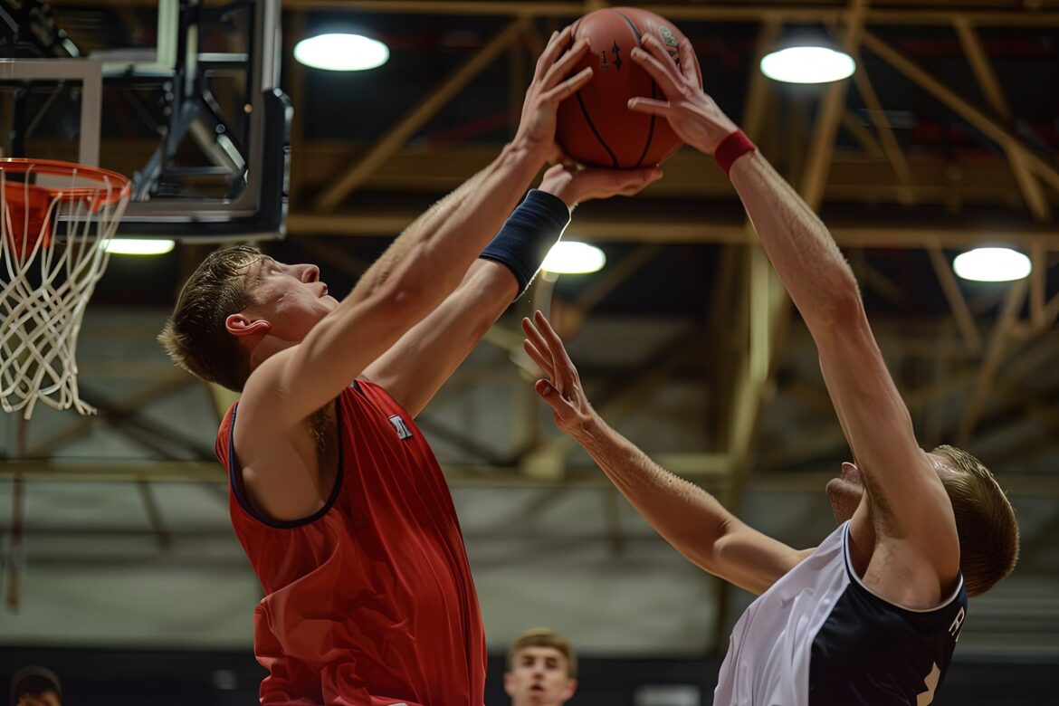 a couple of men playing a game of basketball