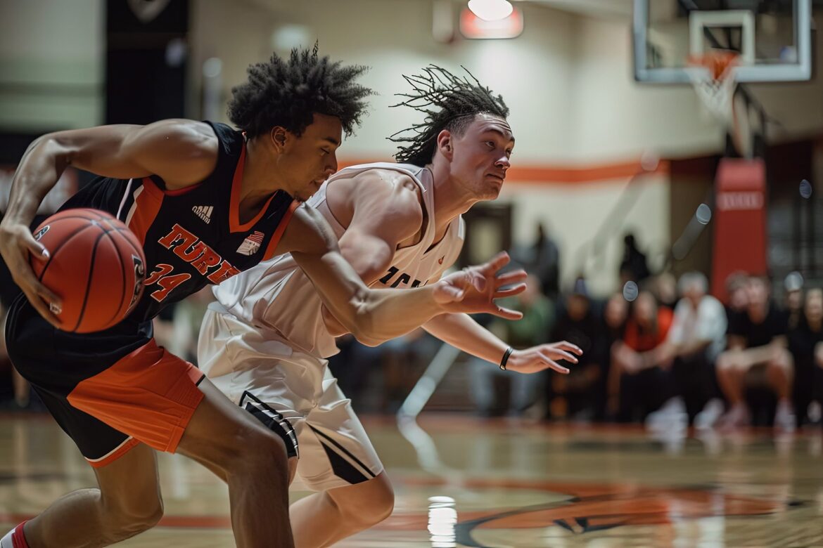 a couple of young men playing a game of basketball